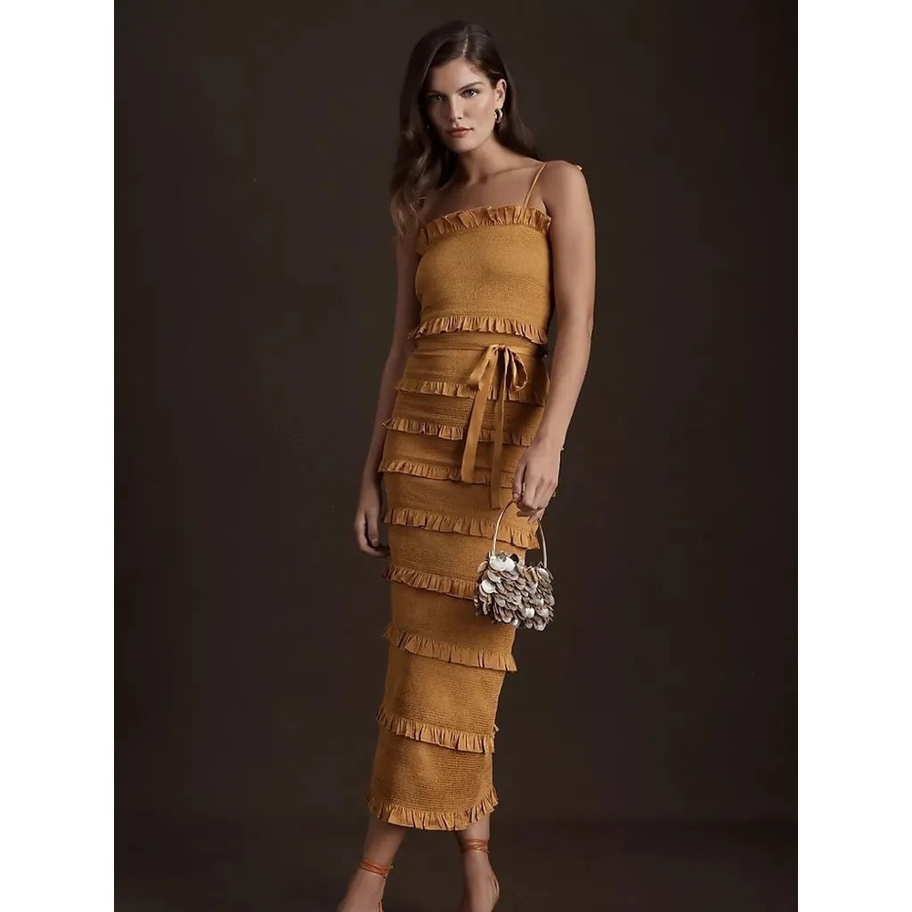 v. chapman Juniper Smocked Ruffle Midi Dress Marigold Yellow Size 2